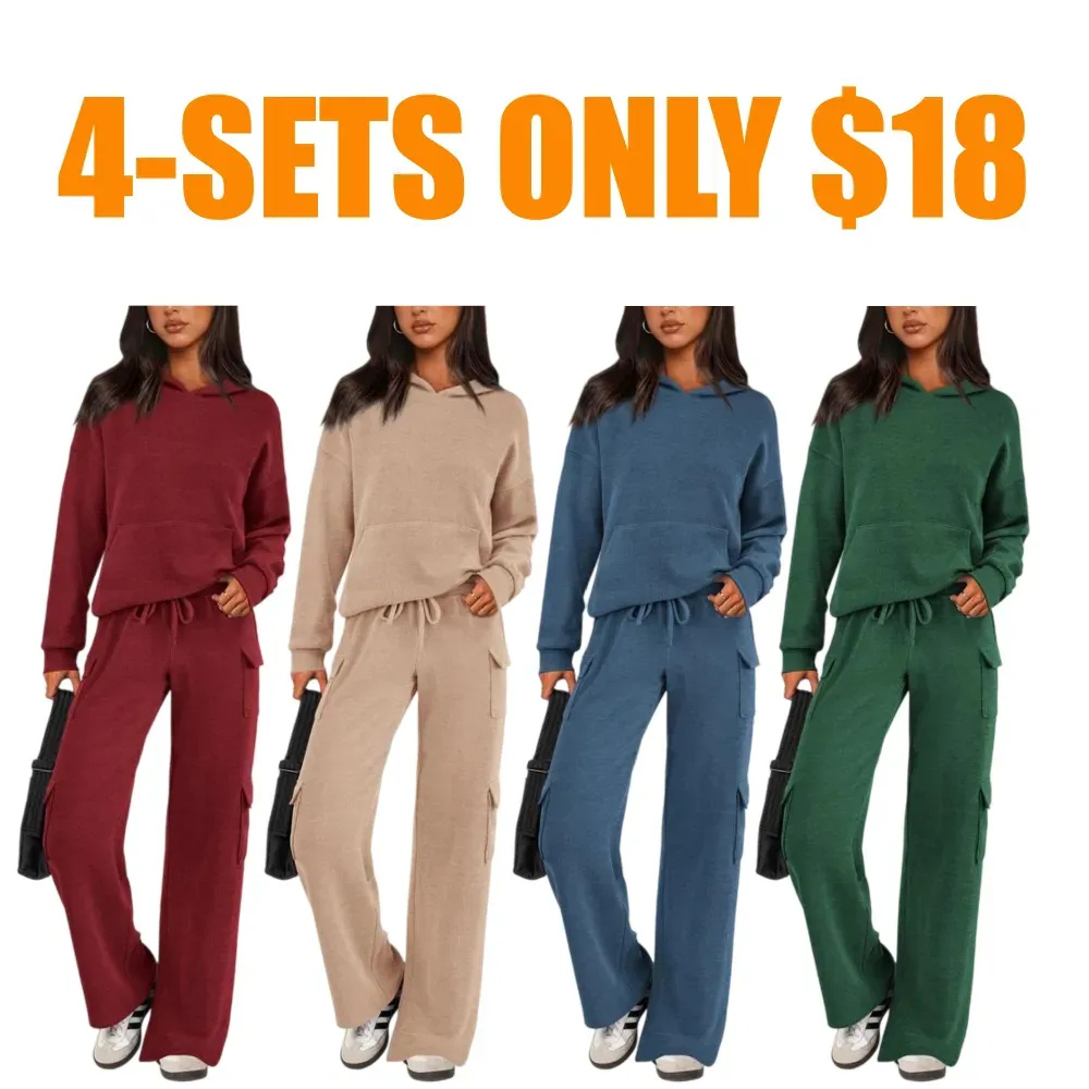 Womens Fall Outfit 2-Piece Knitted Sets Hoodie Tracksuits Wide Leg Pants With Pocket