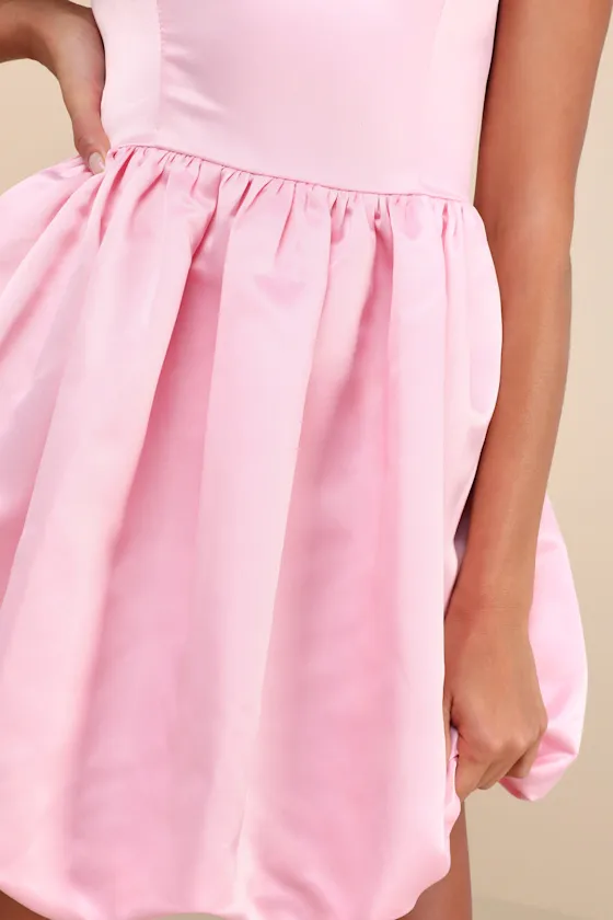 Regal Cutie Emerald Satin Square Neck Bubble-Hem Mini Dress