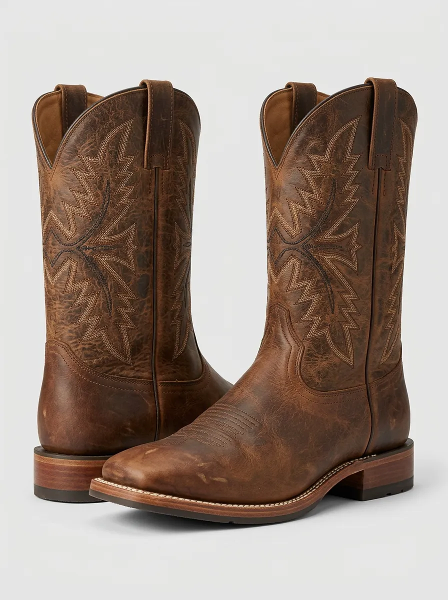 Men's Western Tonal-Stitch Square-Toe Mid-Calf Pull-Tab Stacked-Heel Cowboy Boots