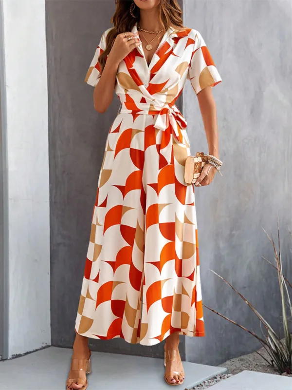 Temperament Short Sleeve Contrast Print High Shorts