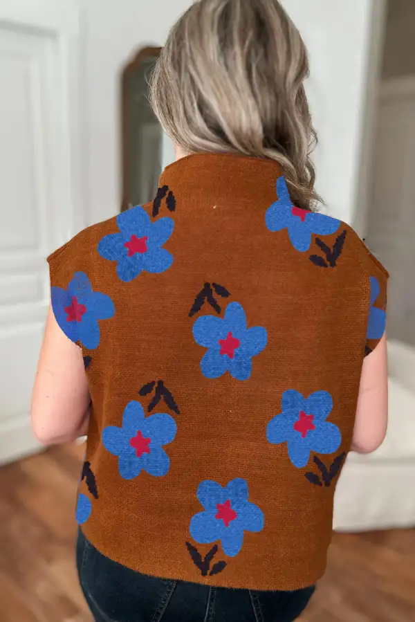 Floral High Neck Sweater Vest