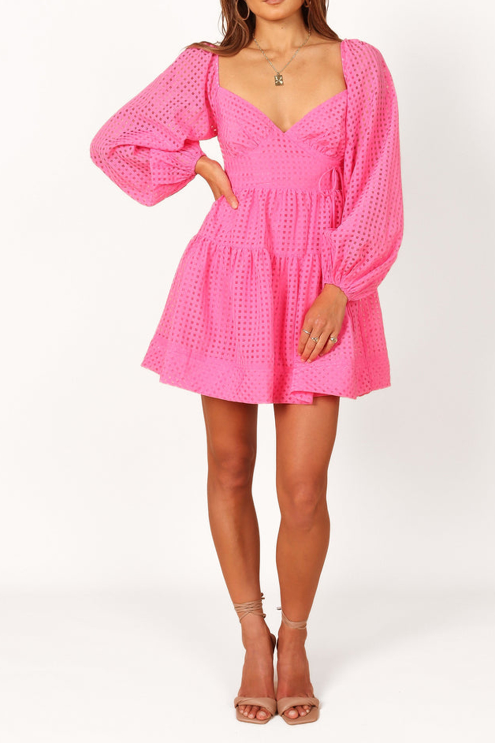 DEEP V NECK MAGENTA LONG SLEEVE MINI DRESS