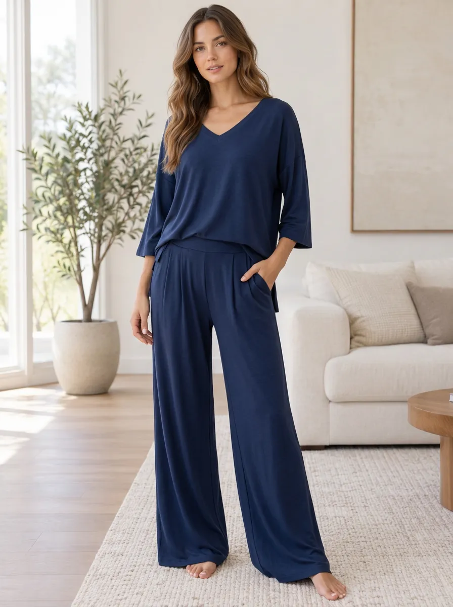 Women's V-Neck Leisure Lounge Wide Leg Loungewear Set