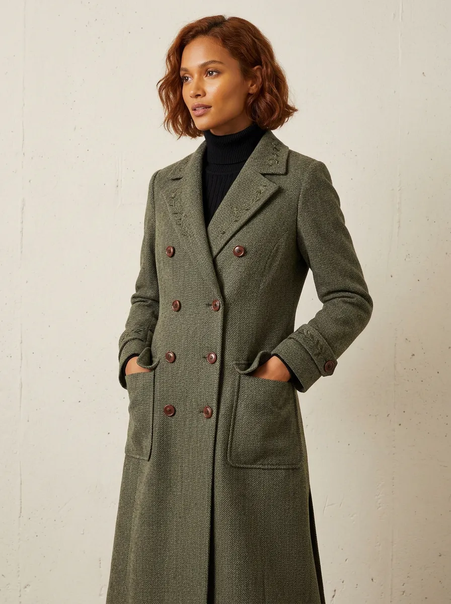 Women's Vintage Style Olive Herringbone Embroidered Double-Breasted Coat