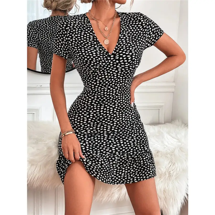 Ruffled Hem V-Neck Short Sleeve Mini Dress
