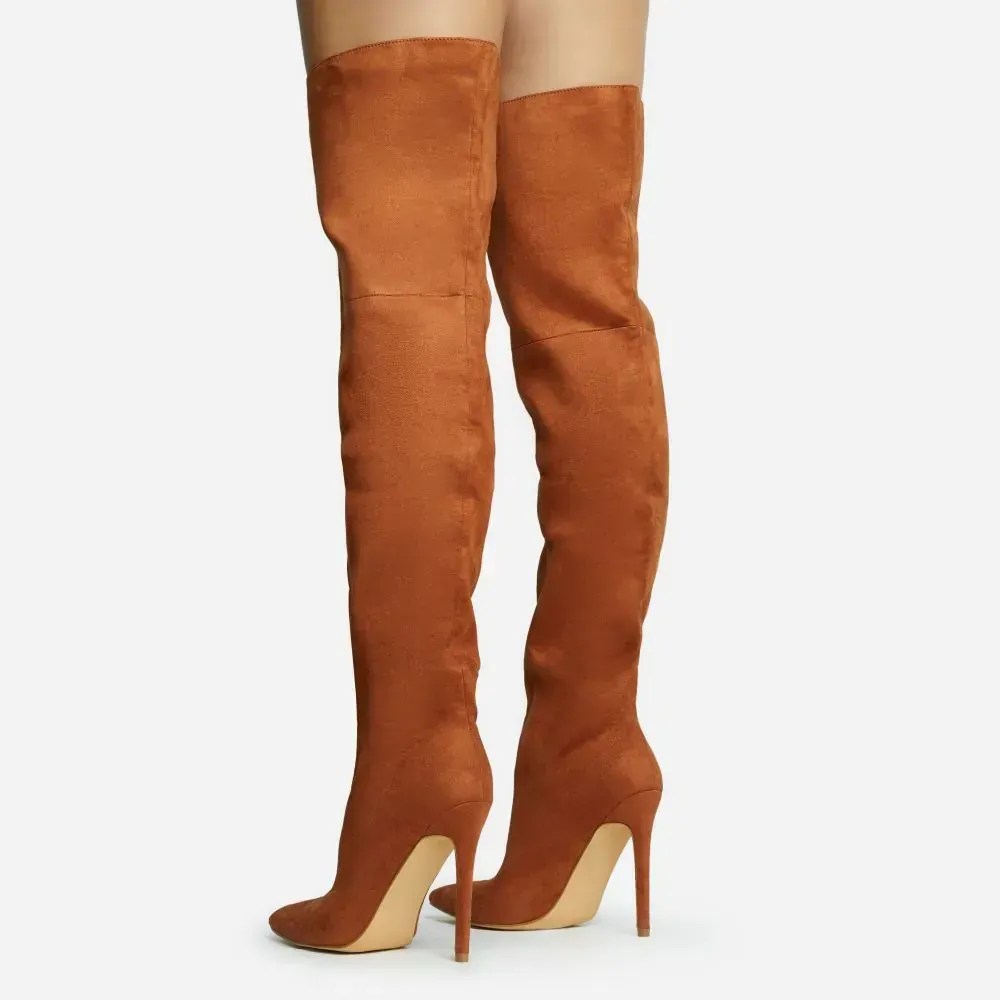 Faux-Suede Pointed-Toe Stiletto-Heel Platform Over-the-Knee Boots