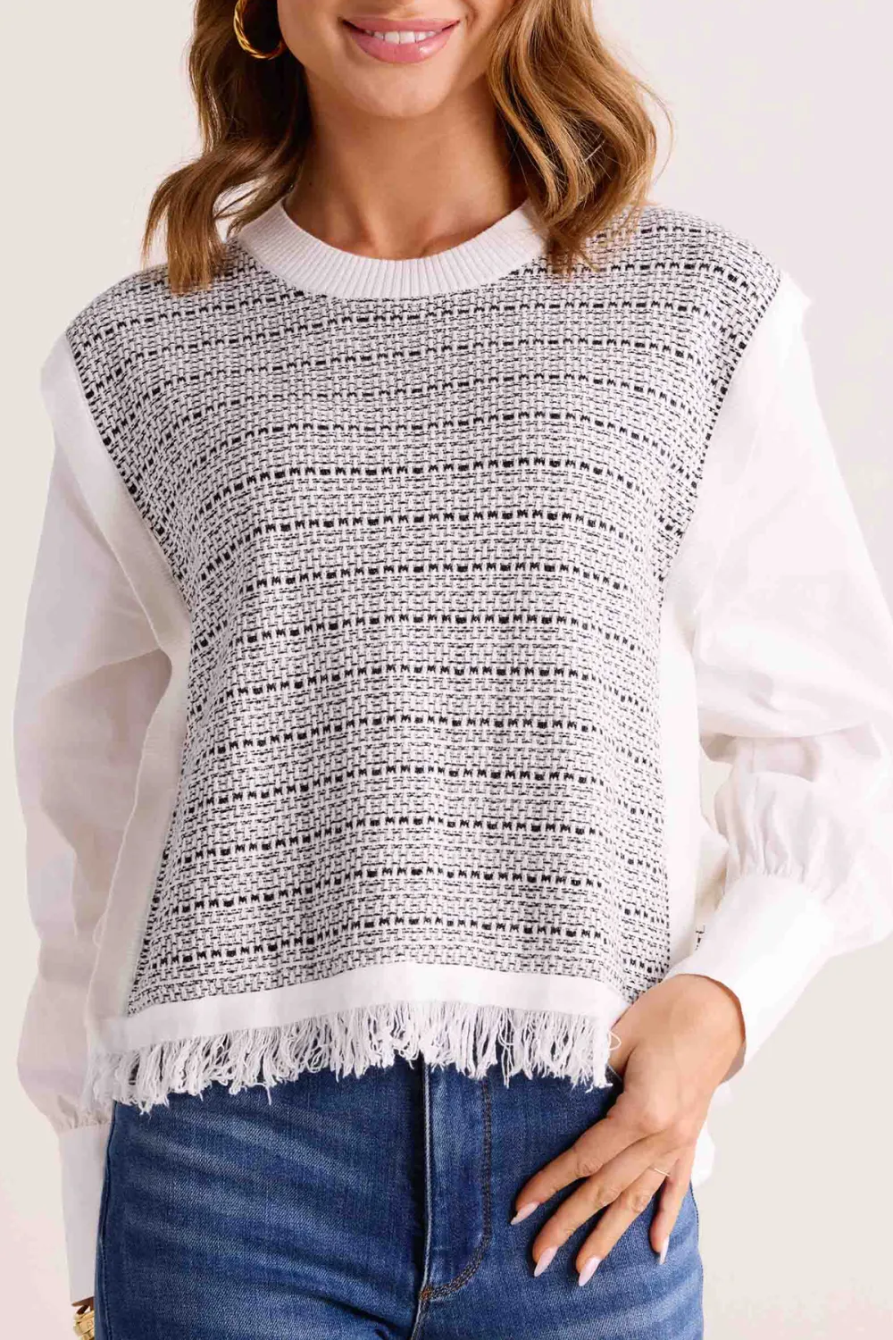Fringed Contrast Sleeve Cotton Top