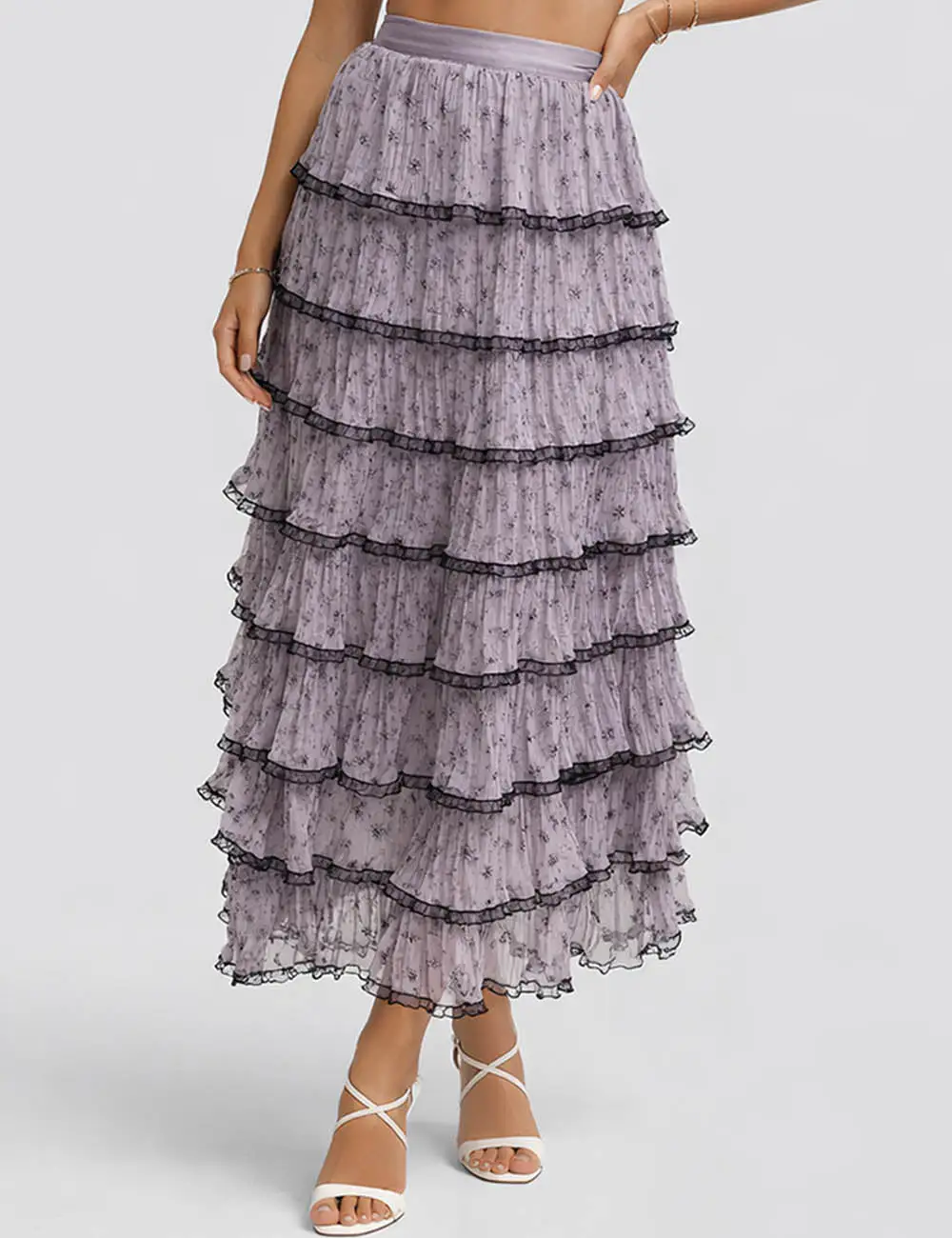 Color Block Tiered Ruffle Hem Mesh Maxi Skirt