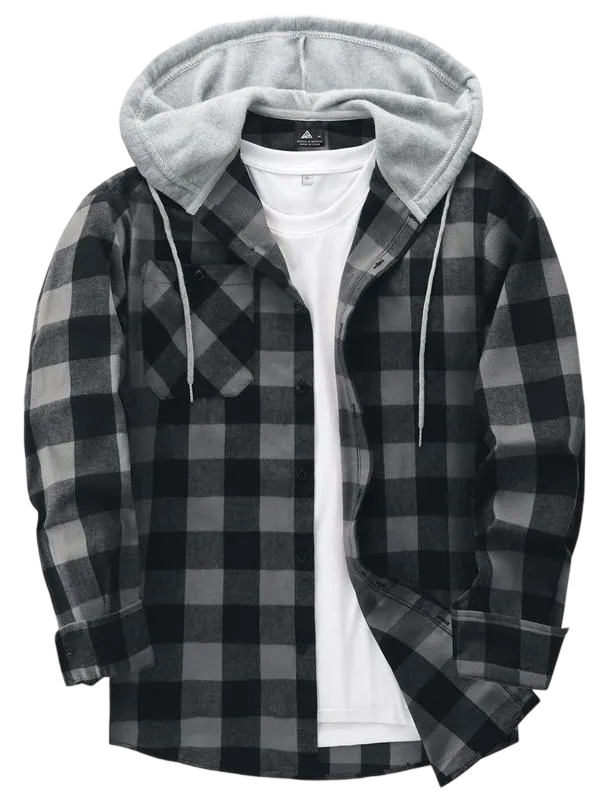 Men's Plaid Print Button Front Drawstring Hooded Shirt, Regular Fit Casual Long Sleeve Pocket Top, Men's Clothes for Daily Wear