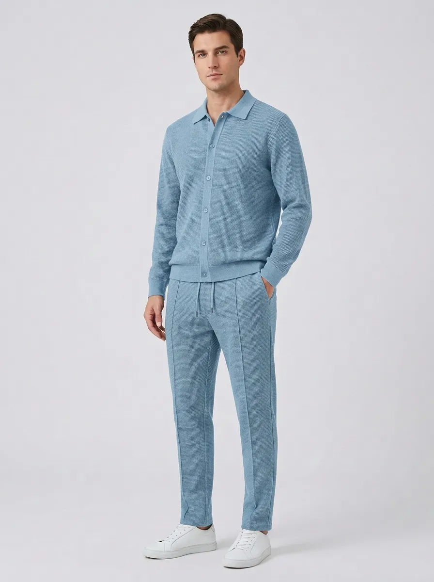 Men's Waffle Textured Minimal Polo Collar Jacket and Jogger Pants Set