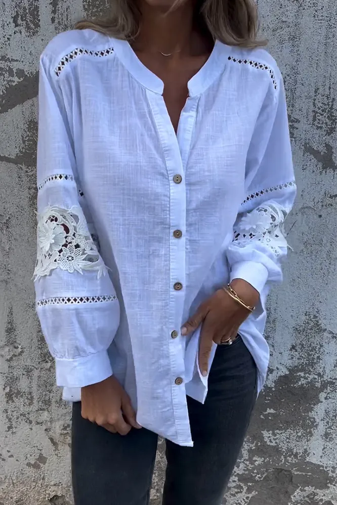 5PACK-Women'S Lace Stitching Cotton And Linen Shirt