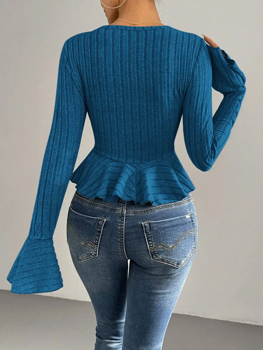 Flared Sleeve Long Sleeve Button Detail Ruffle Panel Detail Deep V-Neck T-Shirt