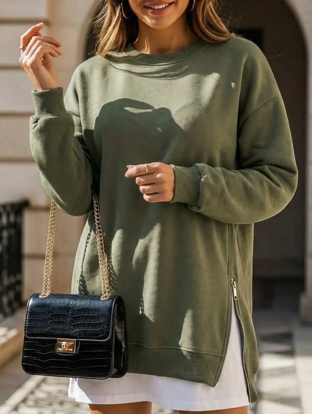 Side Zip Patchwork Pullover Sweatshirt
