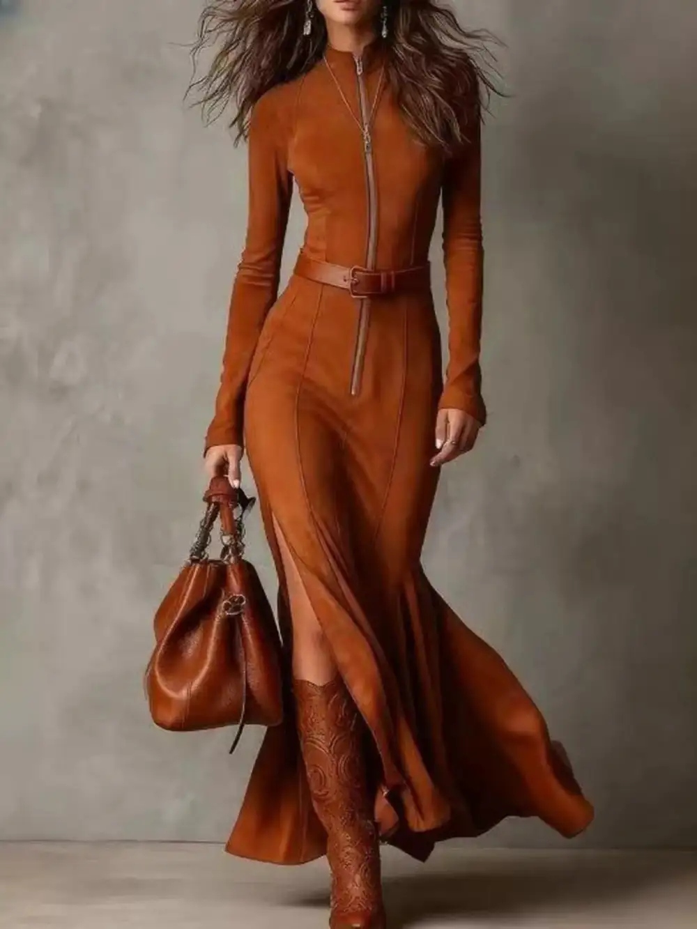Zip Front Slit Maxi Dress