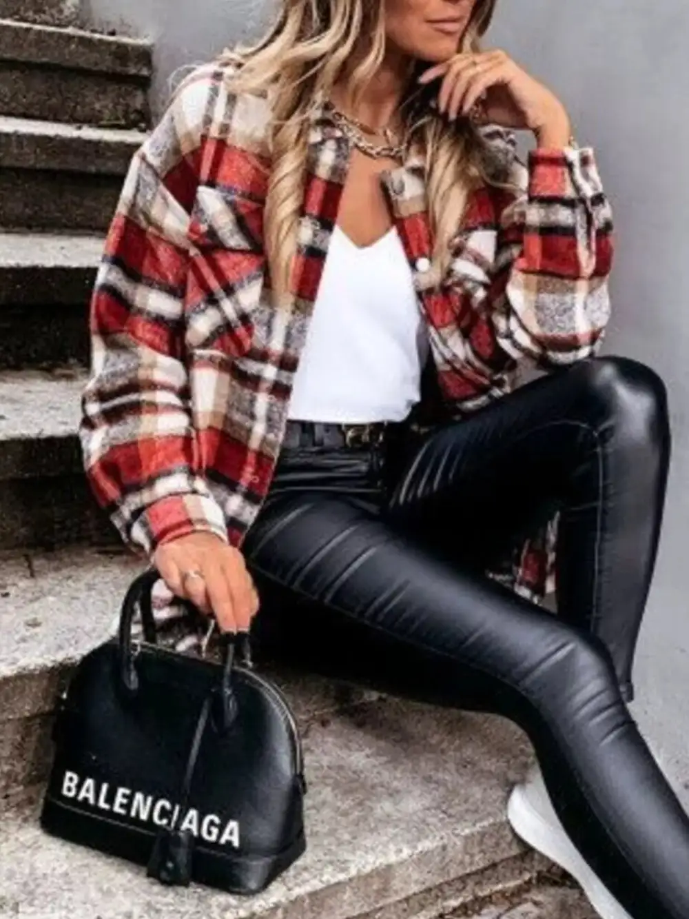 Plaid Button Down Long Sleeve Shacket Jacket