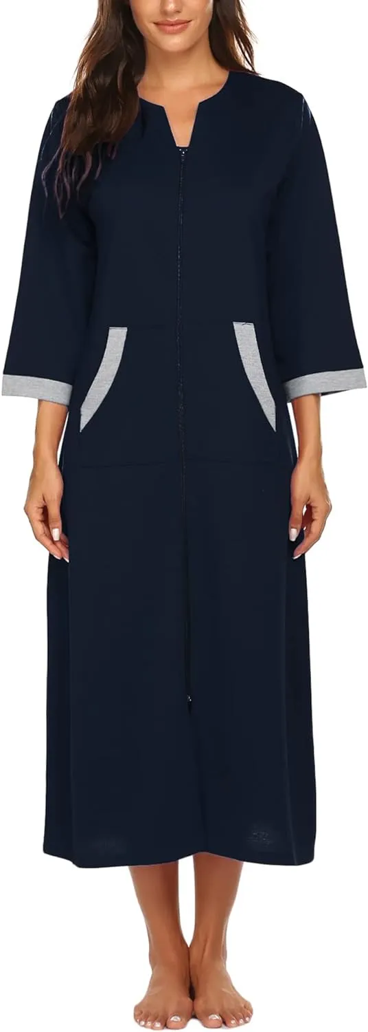 50% OFF Women Zipper Robe 3/4 Sleeves Loungewear Dress Full Length Sleepwear Pockets Housecoat Nightgown Long Bathrobe