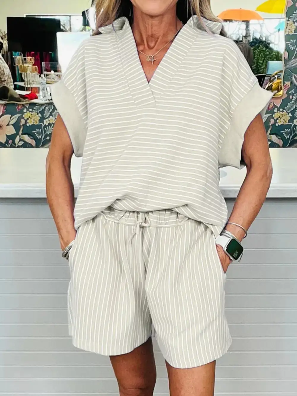 Relaxed Stripe Dolman Sleeve Polo Shirt Drawstring Shorts