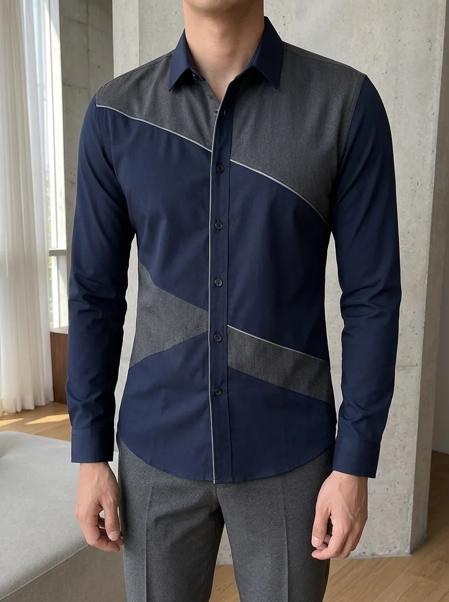 Men's Modern Geometric Colorblock Slim Fit Long Sleeve Shirt
