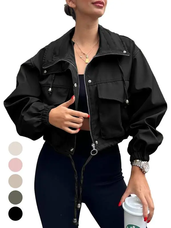 Women's Solid Zip Up Drawstring Hem Jacket, Casual Long Sleeve Collared Outerwear