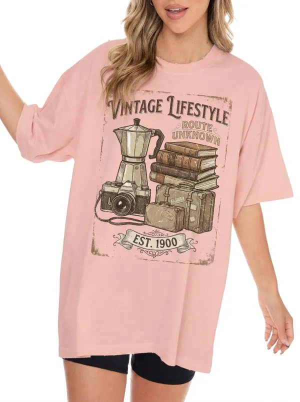 Women's Vintage Travel Coffee Camera Books Oversized Graphic T-Shirt