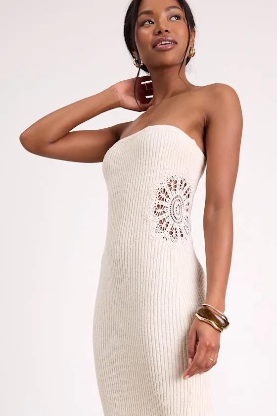 Brenna Ivory Strapless Sweater Knit Midi Dress