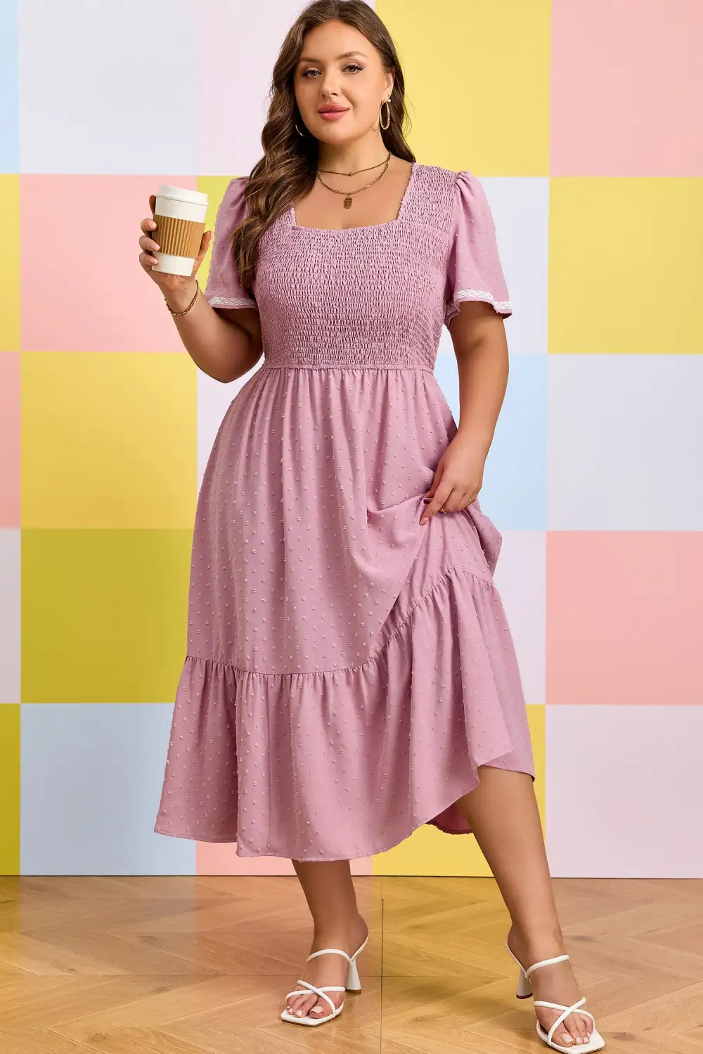 Smocked Short Sleeve High Waist Midi Dress