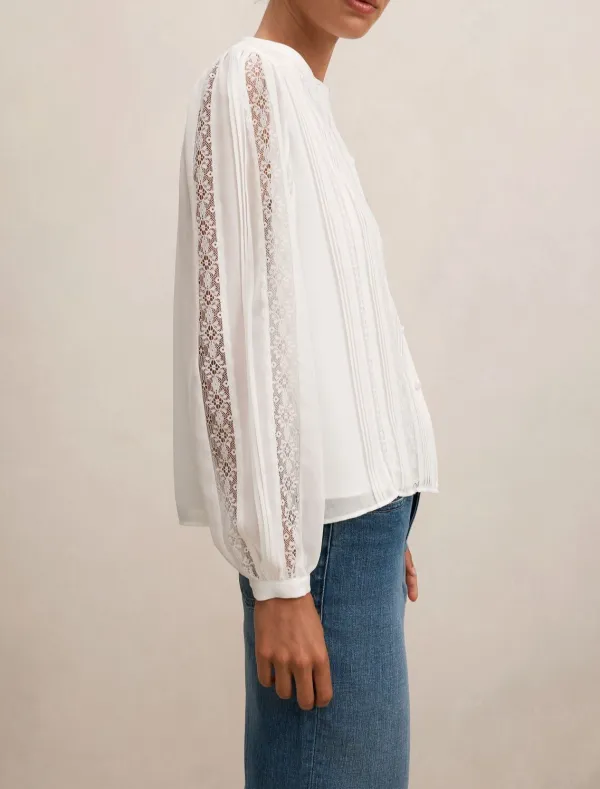 White Lace Trim Long Sleeve Button Blouse