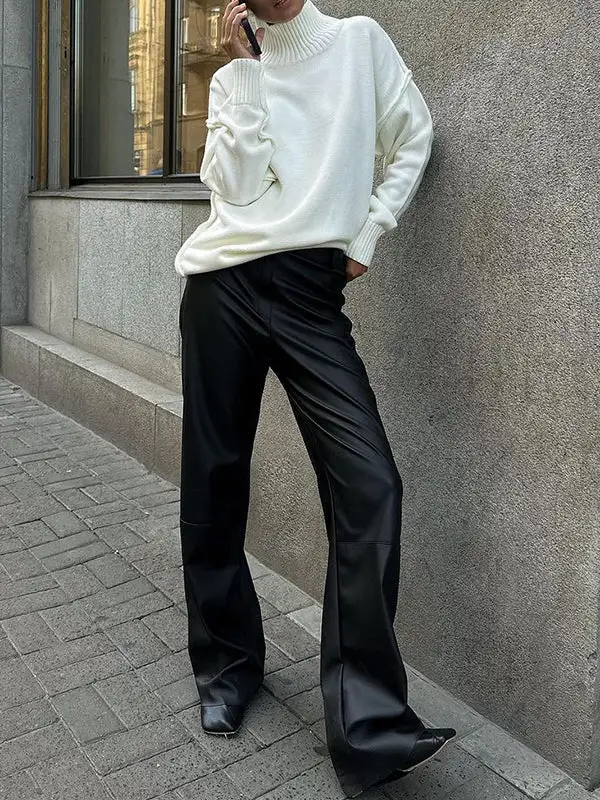 Paneled High Neck Long Sleeve Relaxed Fit Easy Fit Pullover Sweater