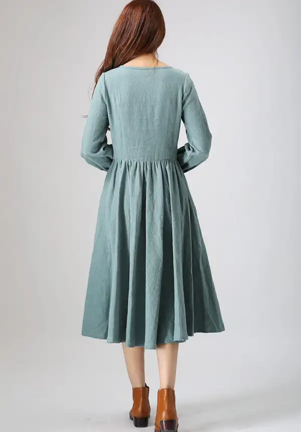 Modern Linen Long Sleeve Midi Dress
