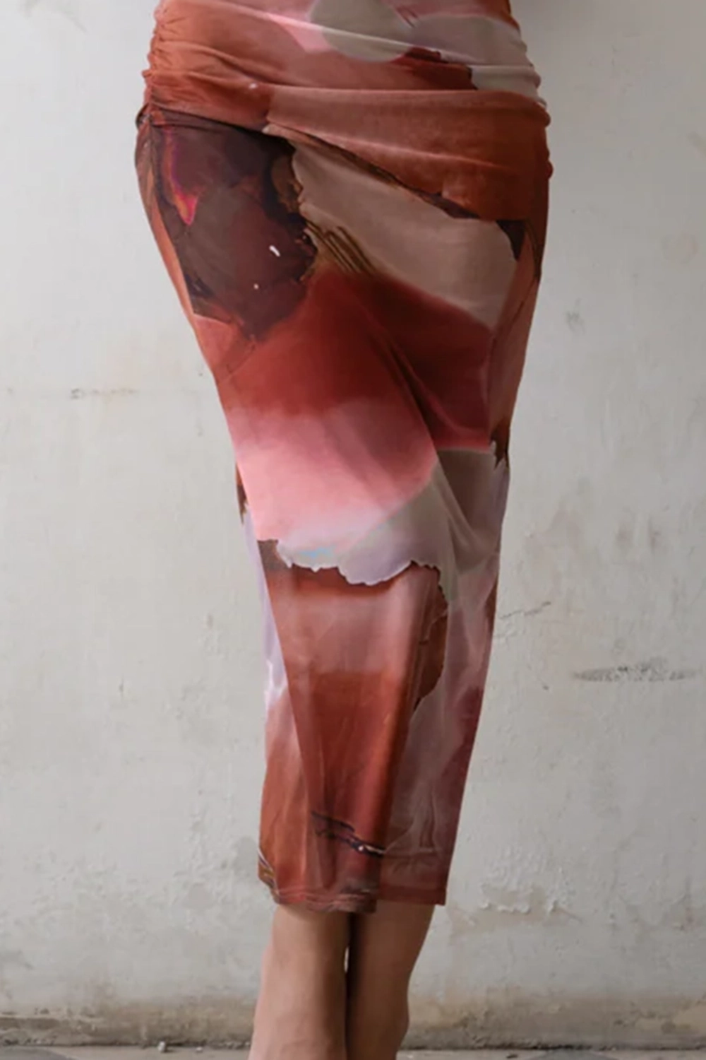 Rust Abstract Mesh Midi Dress