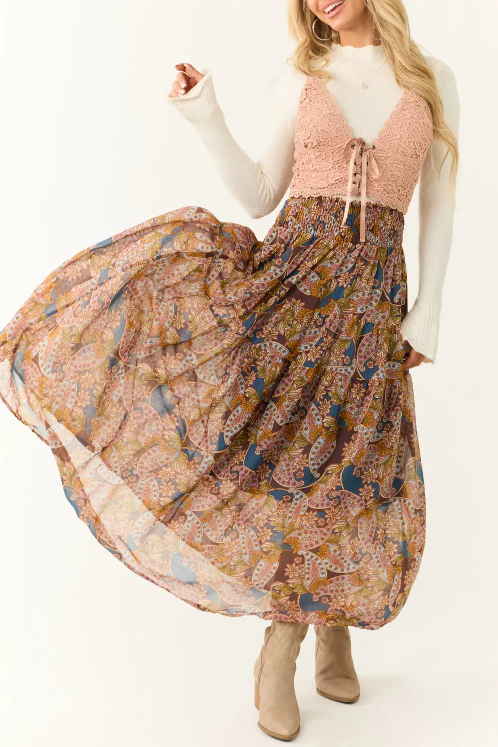 Peach Lace Up V Neck Top
