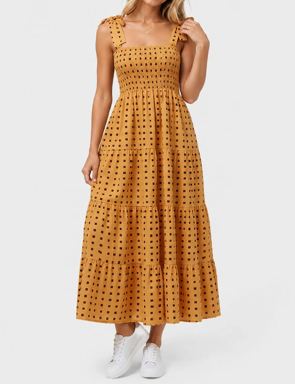 Abstract Smocked Strap Square Neck Midi Dress
