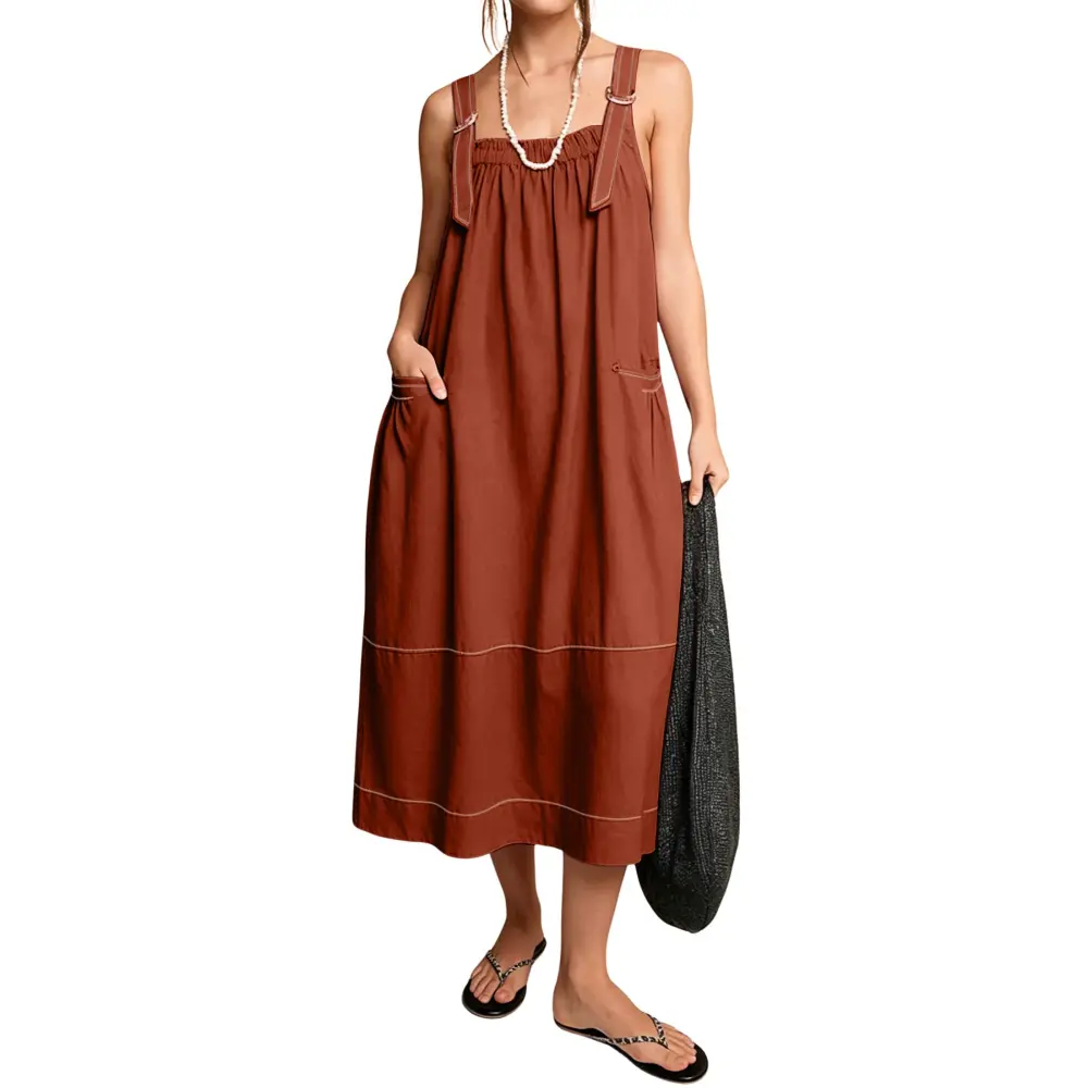 Women's Barrel Midi Dress Sleeveless Strappy Maxi Dress with Big Pockets & Adjustable Straps Minimalist Basic Casual Fall Dress
