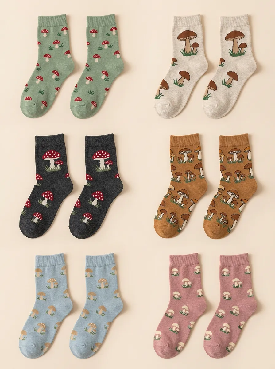 Women's Mushroom Mid Calf Crew Socks Six Pair Set