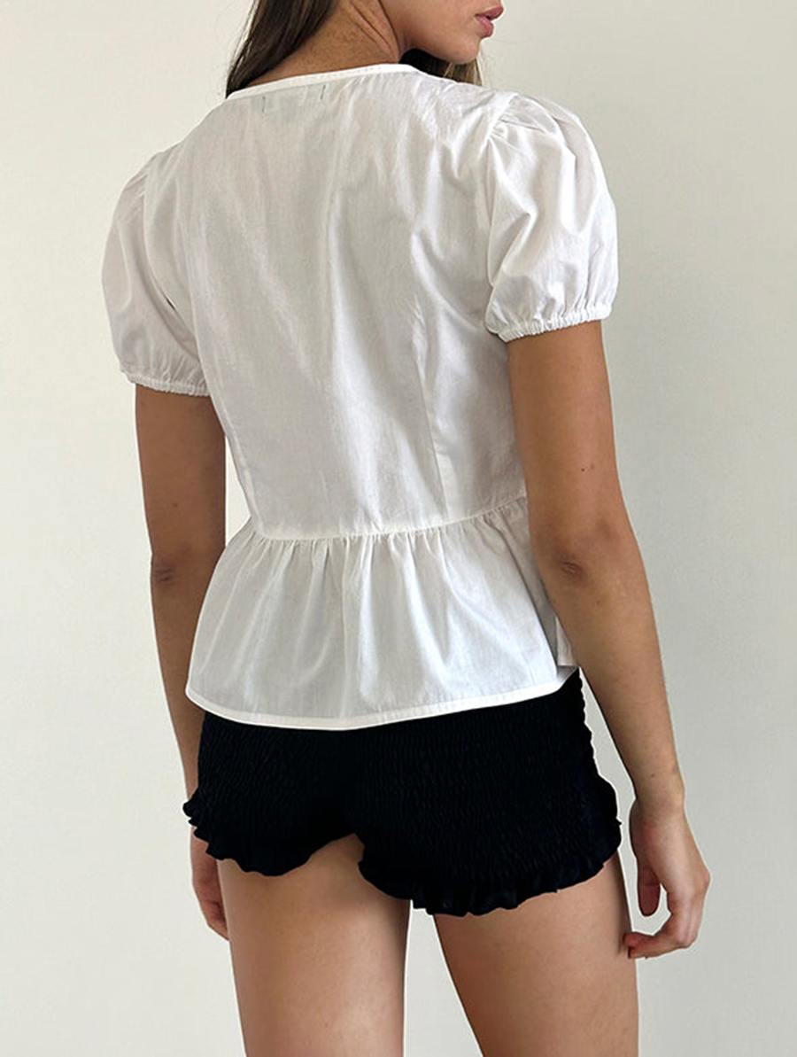 Tie Front Blouse In White With White Binding