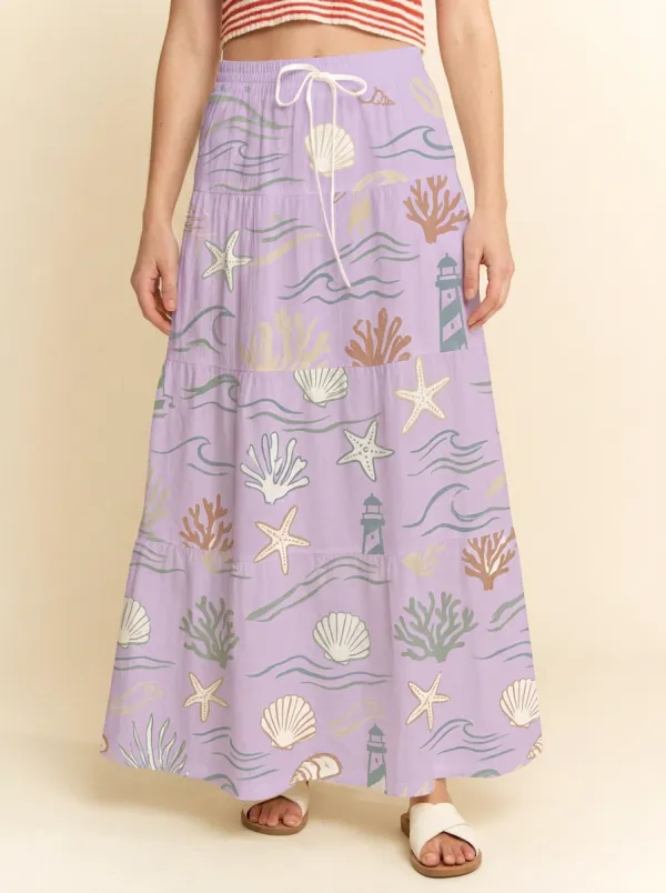 Women's Coastal Lighthouse Seashell Starfish Printed Maxi Skirt