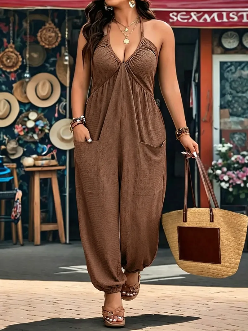 [Plus Size] Solid-Color Jumpsuit with Pockets