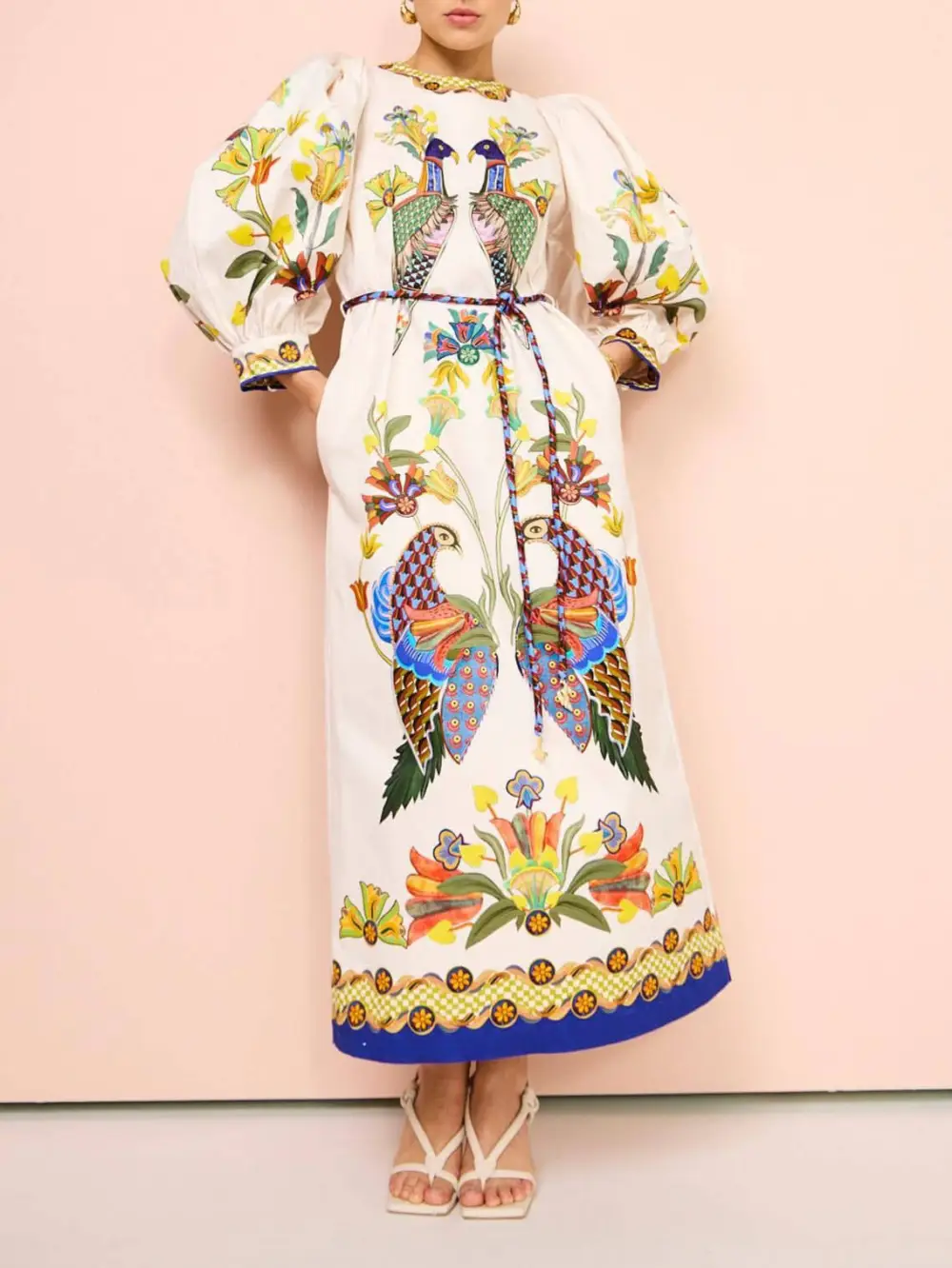 And Fun Printed Puff Sleeves Loose Midi Dress