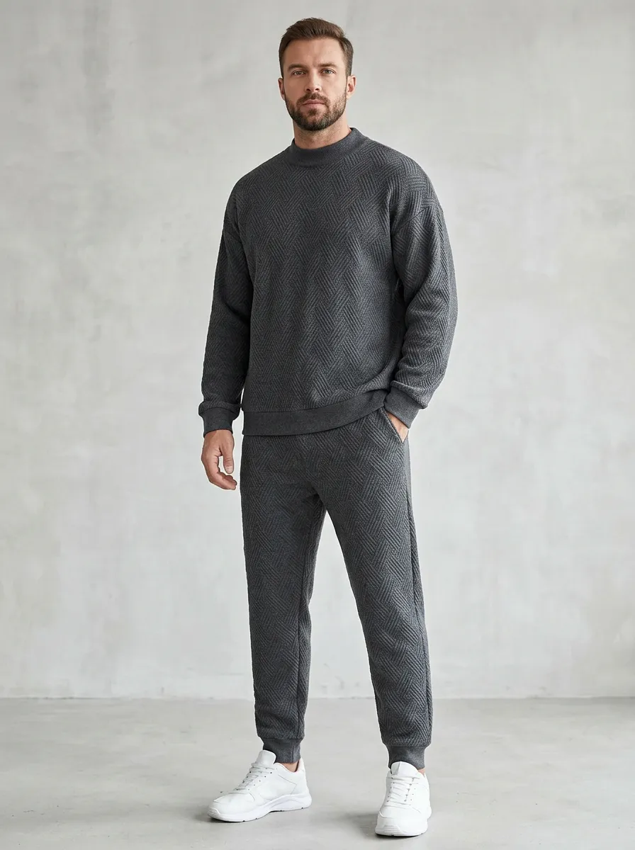 Herringbone-Texture Tracksuit Textured-Knit Men's Knit Sweater Tracksuit Set