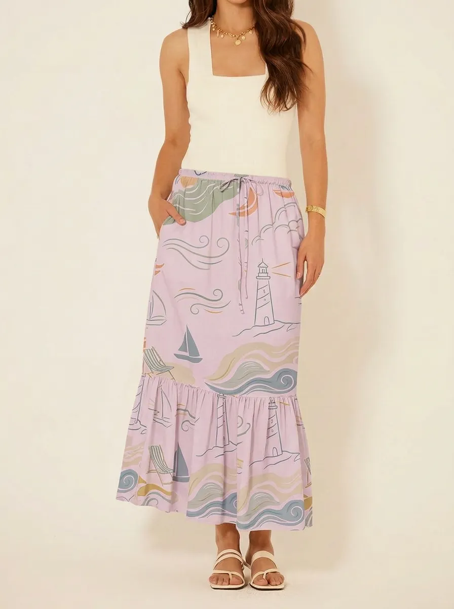 Women's Coastal Nautical Lighthouse Sailboat Printed Skirt