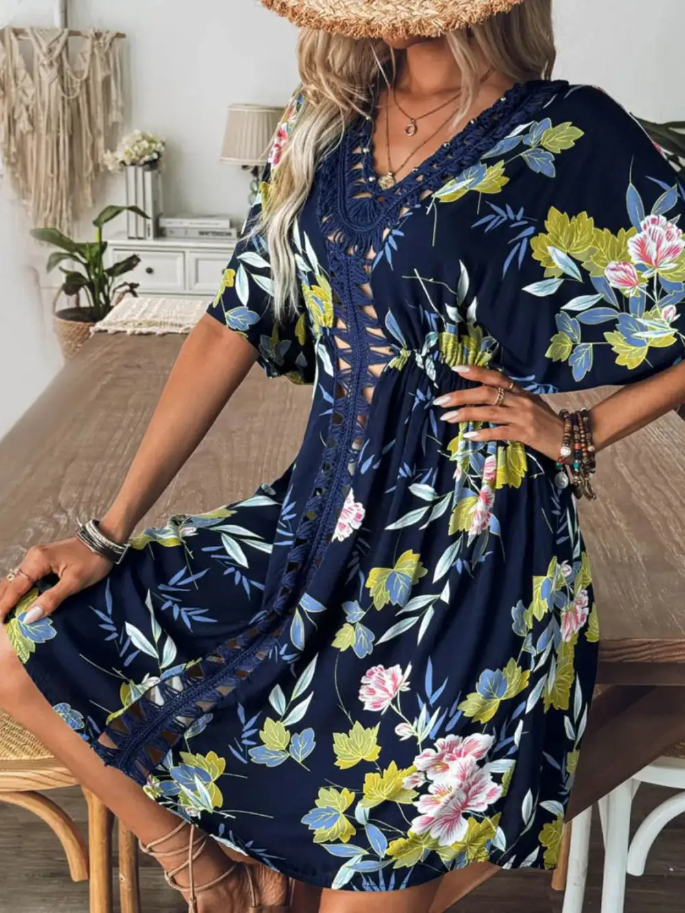 Crochet Front V Neck Printed Swim Cover Up
