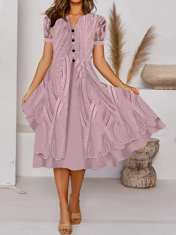 Casual Retro Print V Neck Button Short Sleeves Midi Dress