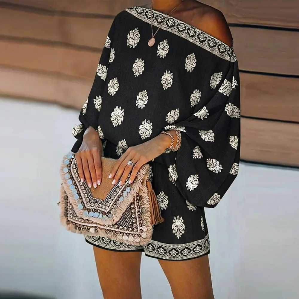 Women's 2 Pieces Outfit Boho Lantern Sleeve Linen Top and Shorts Set