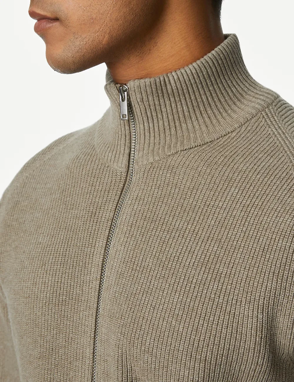 Ribbed Blend Funnel Neck Zip Up Jumper