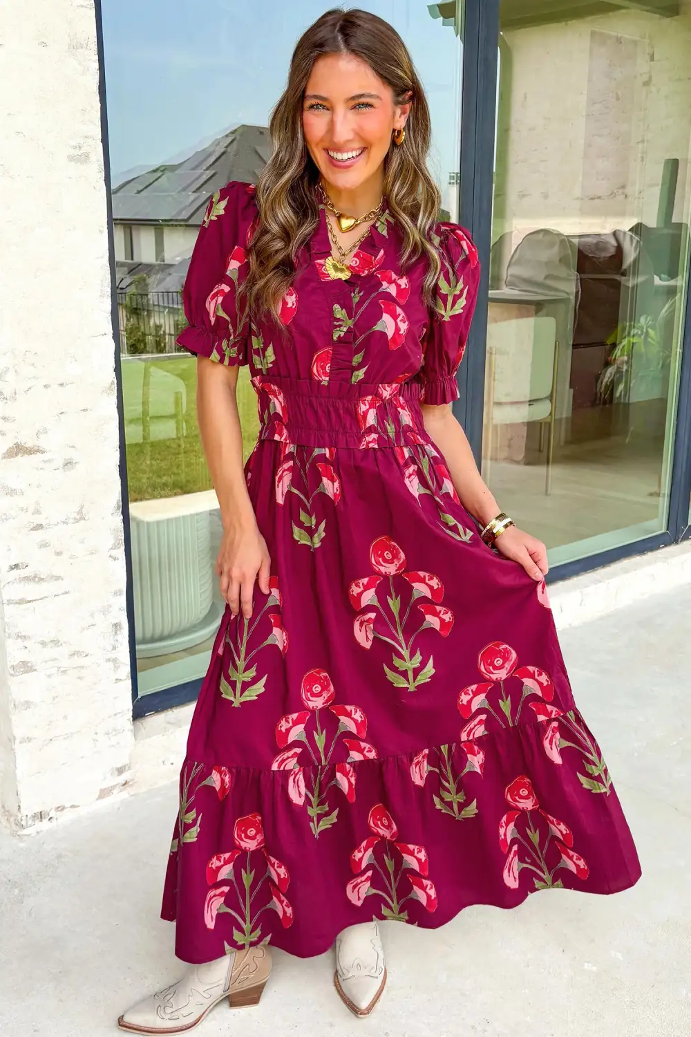 Lightweight Feel Floral Printed V Neck Maxi Dress