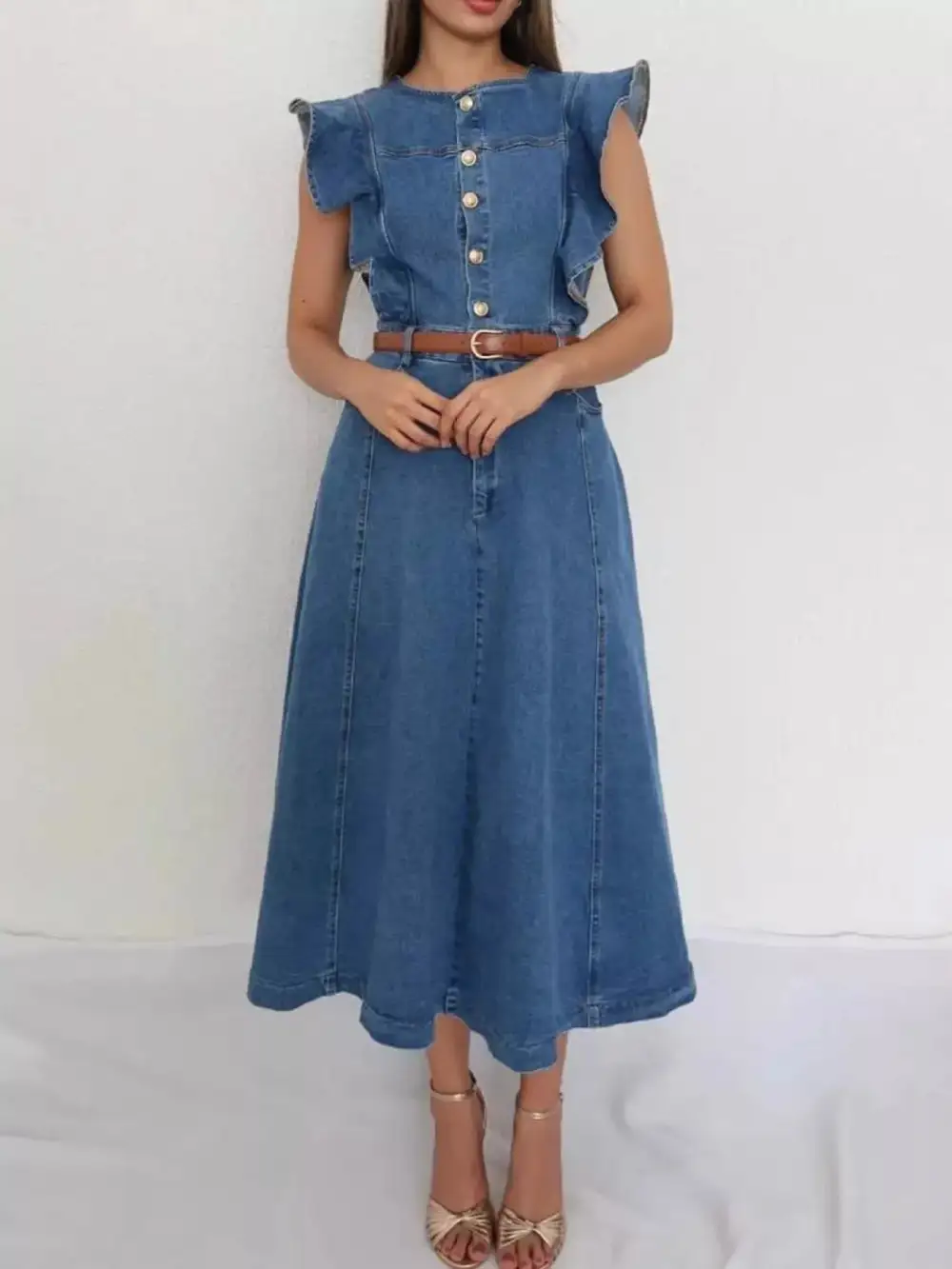 Denim Button Front Ruffle Dress Casual