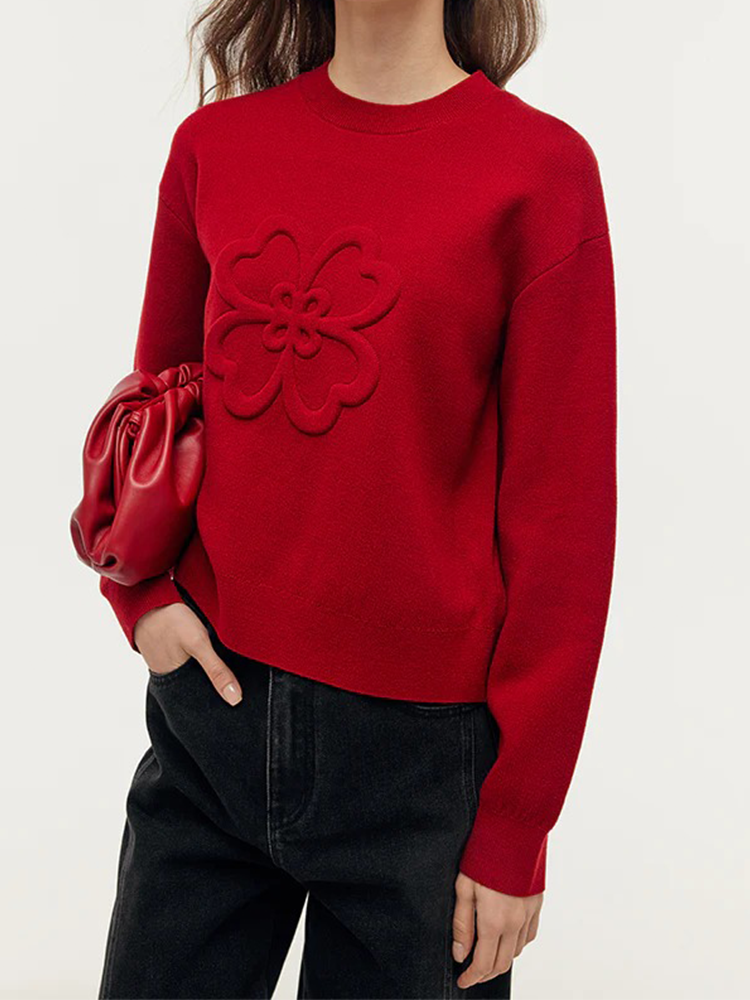 Wool Blend Clover Embossed Women Sweater