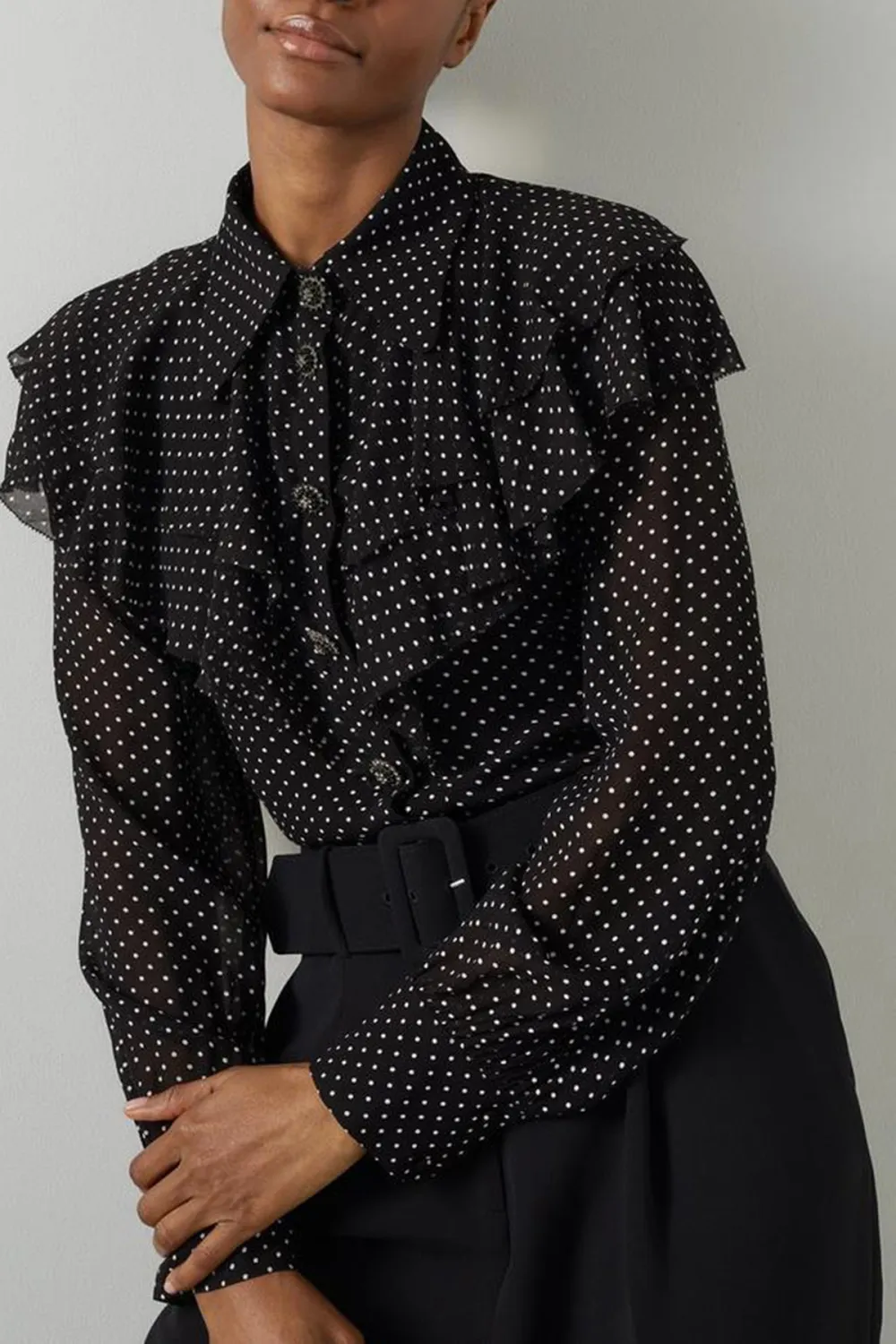 Black Polka Dot Ruffle Trim Long Sleeve Shirt