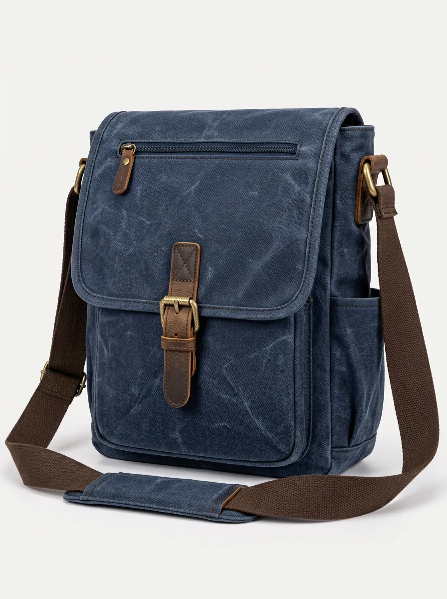 Men's Casual Waxed Canvas Crossbody Bag with Leather Trim