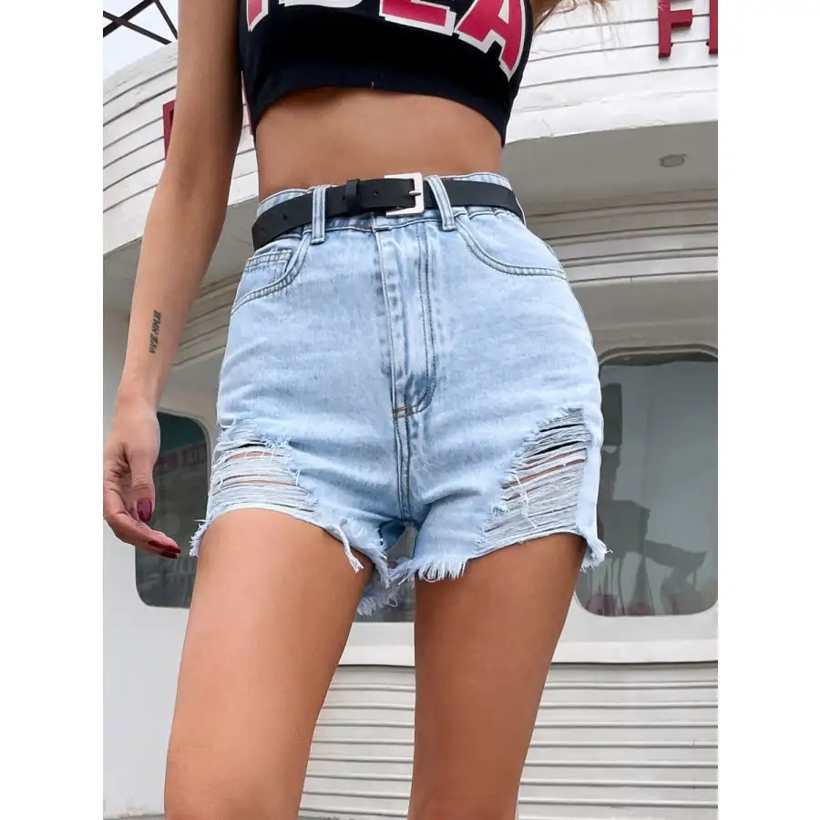 Lightweight Distressed Raw Hem Denim Shorts